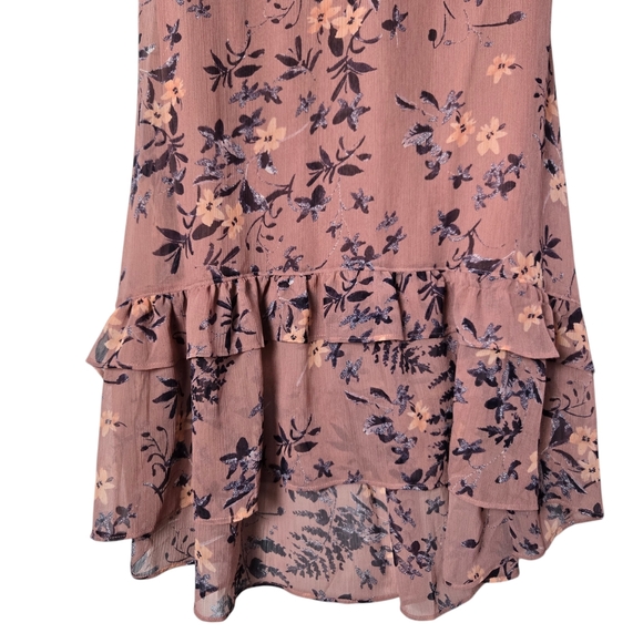 EXPRESS Medium Floral Print Ruffle Short Sleeve Hi Lo Tiered Lined Midi Dress - Picture 7 of 12